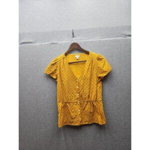 J.Crew Womens Yellow Eyelet Button-Up Peplum Blouse Size 4 100% Cotton Short Sle